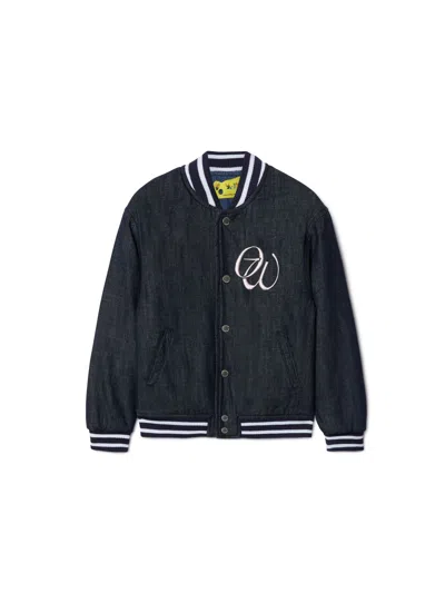 Off-white Script Denim Varsity Jacket In Blue