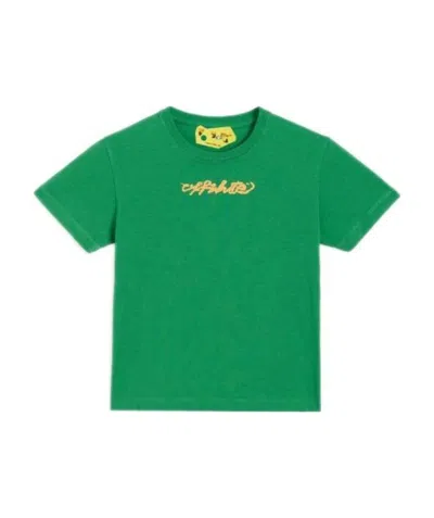 Off-white Kids' Script-logo Cotton T-shirt In Green
