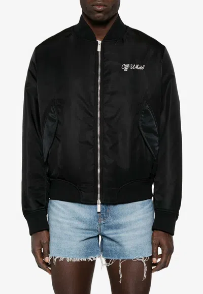 Off-white Script Nyl Logo Embroidered Bomber Jacket In Black