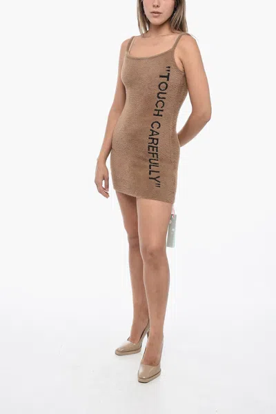 Off-white Seasonal Fuzzy Mini Dress With Contrasting Lettering In Brown