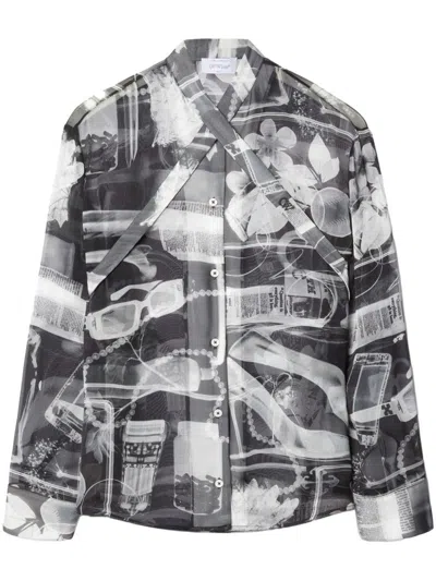 Off-white Semi-sheer Silk Shirt With X-ray Print And Stand-up Cross Collar For Women In Black