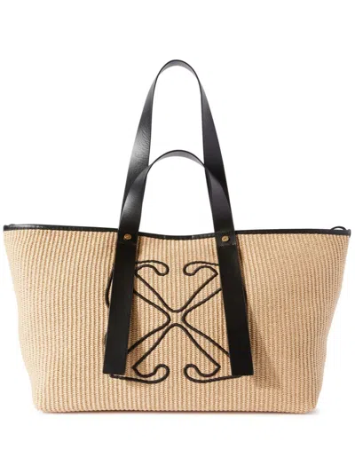 OFF-WHITE SHOPPING M RAFFIA BEIGE BEIGE HANDLE WITH BLACK PIPING