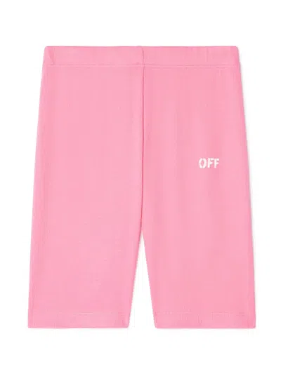 Off-white Kids' Girl's Ribbed Logo-print Legging Shorts In Fuchsia White