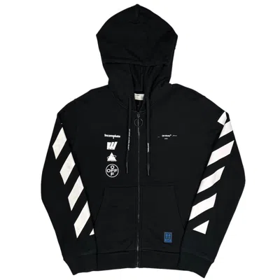 Pre-owned Off-white Size M Jacket Zip Up Patches Logo Hooded Track In Black