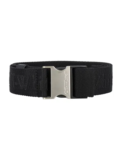 Off-white Sleek Adjustable Black Belt With Engraved Logo By A High-end Fashion Brand