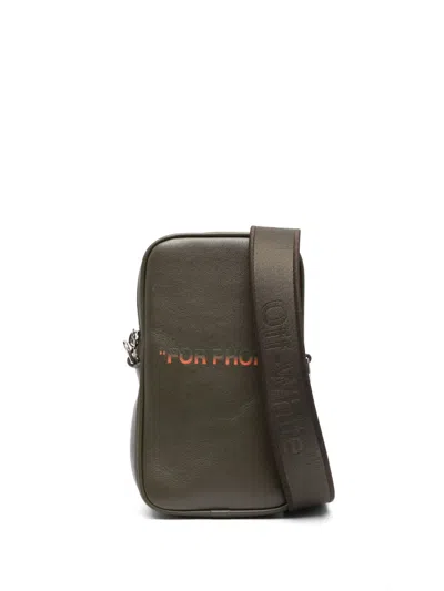 Off-white Slogan-print Leather Bag In Green