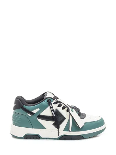 Off-white Low-top Sneakers With Iconic Branding And Contrast Accents In Green