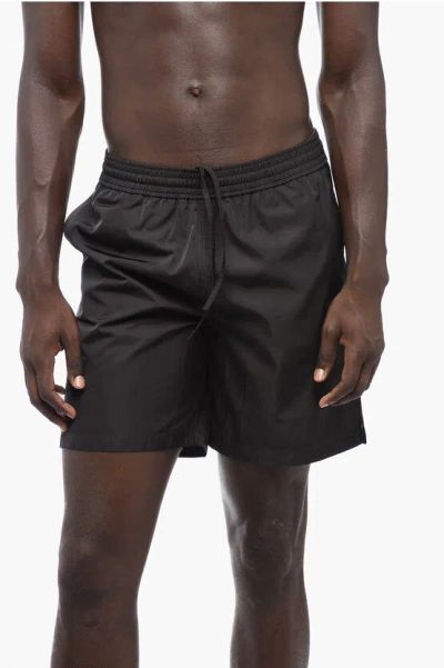 Off-white Solid Color Moon Tab Swim Shorts With Contrasting Print In Black