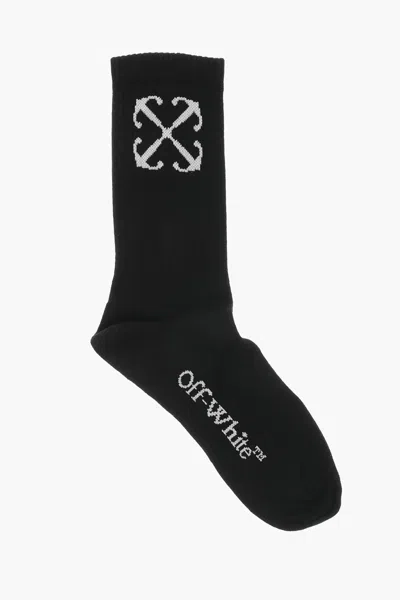 Off-white Solid Color Ribbed Socks With Contrasting Logo In Black
