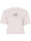 Off-white Crew-neck Crop T-shirt With Rhinestones Embellished Logo In Neutral