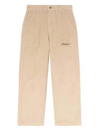 Off-white Kids' Splat Diagonal Corduroy Logo Trousers In Neutral