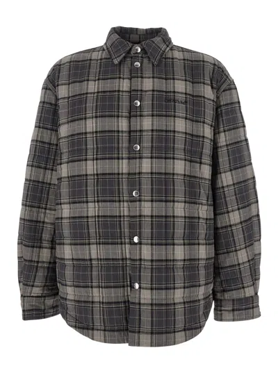 OFF-WHITE GREY SHIRT WITH LOGO LETTERING ON THE FRONT AND ALL-OVER CHECK MOTIF IN COTTON MAN
