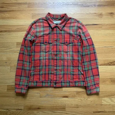 Pre-owned Off-white Ss2018 Distressed Tartan Trucker Jacket In Red