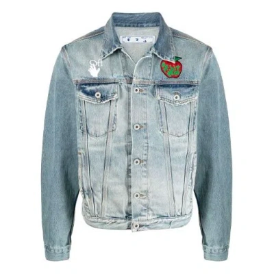 Off-white Ss21 Apple Logo Pattern Denim Jacket Loose Fit Blue