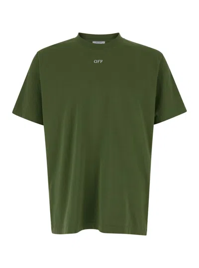 Off-white Dark Green Crewneck T-shirt With Contrasting Off Print In Cotton Man