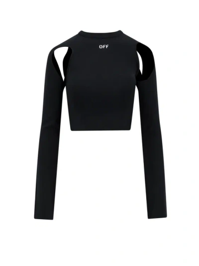 Off-white Cropped Top With Cut-out Shoulder Details In Black