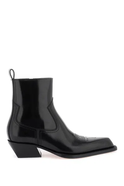 Off-white Stylish Black Leather Texan Ankle Boots For Women