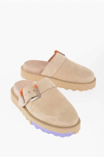 Off-white Suede Mules With Buckle Detail In Gold