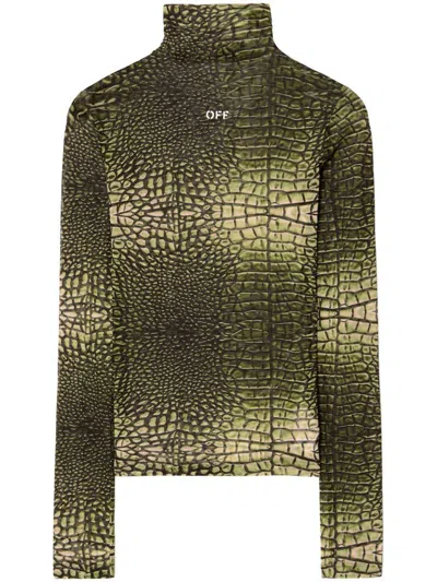 OFF-WHITE OFF-WHITE GREEN HIGH-NECK T-SHIRT WITH CROCODILE-EFFECT PRINT