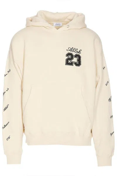 Off-white Embroidered-logo Cotton Hoodie In Beige