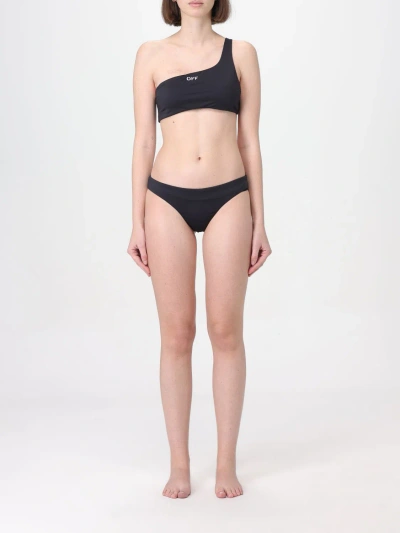 Off-white One Shoulder Bikini Set With Embrodery In Black