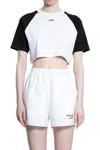 Off-white Cropped T-shirt With Contrasting Fabric Sleeves And Embroidered Logo In White