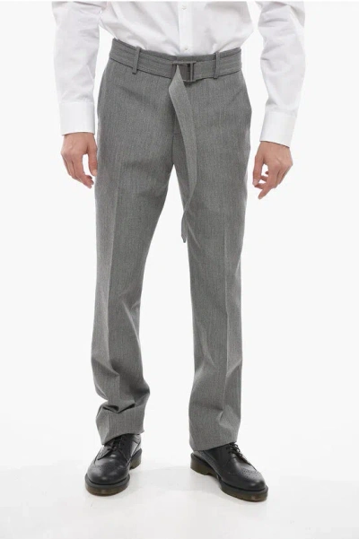Off-white Tailoring Belted Virgin Wool Trousers With Safety Buckle In Grey