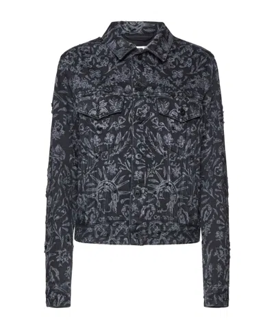 Off-white Distressed Denim Jacket With Tattoo Motif In Black