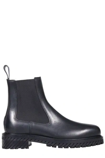 Off-white Textured Leather Ankle Boots In Black