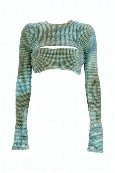 OFF-WHITE TEXTURED WAFFLE-KNIT LONG SLEEVE TOP WITH GRADIENT EFFECT