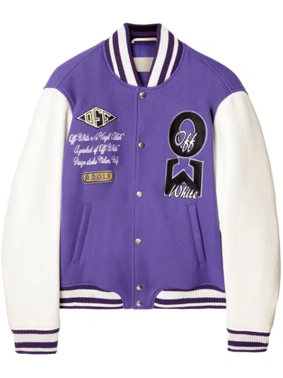 Off-white Time Leather/wool Varsity Jacket In Purple