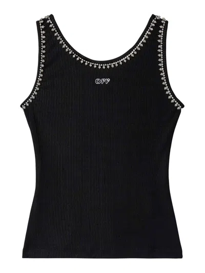 OFF-WHITE PEARL-EMBELLISHED RIBBED TANK TOP