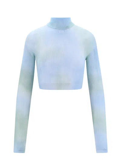 Off-white Top Crop Fit Con Effetto Tie-dye In Blue