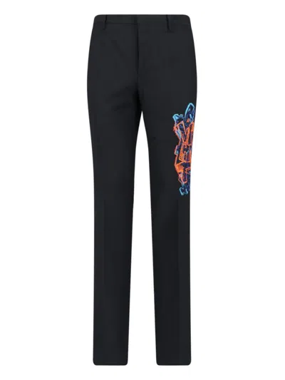 Off-white Straight Trousers With Embroidered Detail And Belt Loops In Black