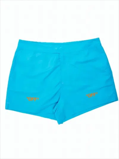 Off-white Turquoise Blue Swim Shorts With Elastic Waistband And Minimalist Design