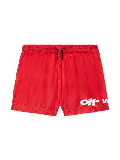 Off-white Kids' Type Graphic Swimshorts In Red