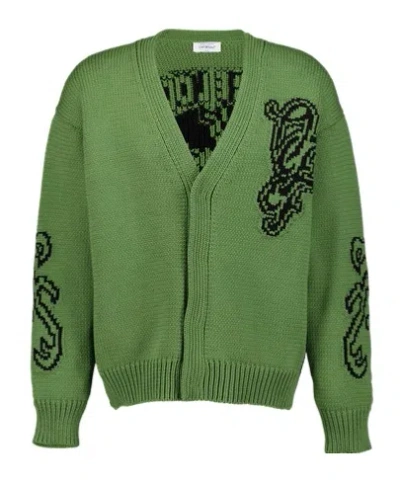 Off-white Logo-intarsia Cotton-blend Cardigan In Green