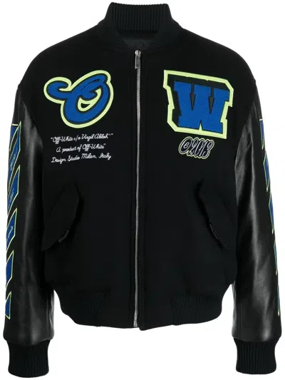 Off-white Varsity-style Bomber Jacket With Leather Sleeves In Black