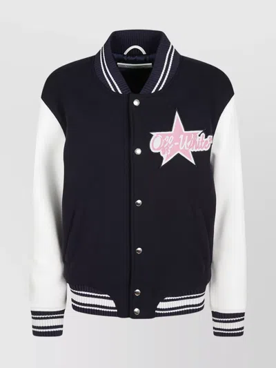 OFF-WHITE VARSITY JACKET WITH RIBBED COLLAR AND CONTRAST SLEEVES