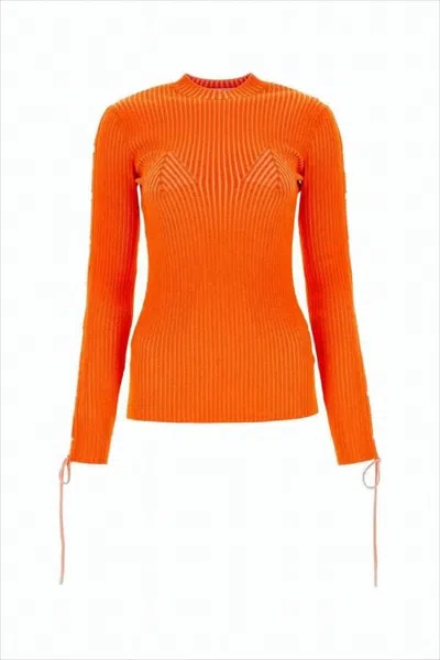 OFF-WHITE VIBRANT ORANGE RIBBED KNIT SWEATER WITH ADJUSTABLE TIES
