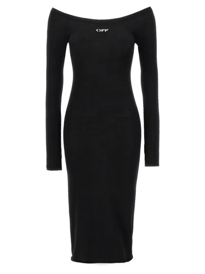OFF-WHITE VISCOSE KNIT MIDI DRESS WITH LOGO INTARSIA