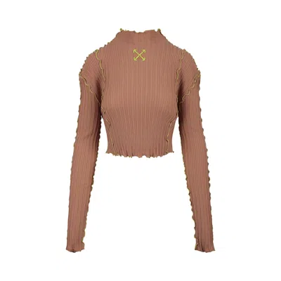 Pre-owned Off-white Wavy Cropped Long-sleeve Mock Neck Top 'camel/yellow' | Tan | Women's Size 46