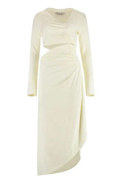 Off-white White Gathered Midi Dress With Deep Side Slit And Asymmetric Hem For Women From  Ss23 Colle