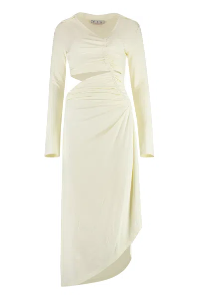 OFF-WHITE WHITE GATHERED MIDI DRESS WITH DEEP SIDE SLIT AND ASYMMETRIC HEM FOR WOMEN FROM OFF-WHITE SS23 COLLE