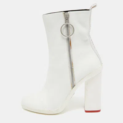 Off-white White Leather Block Heel Ankle Length Boots In Animal Print