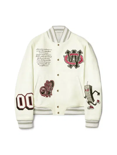 Off-white White Leather Crystal Varsity Jacket In Neutral