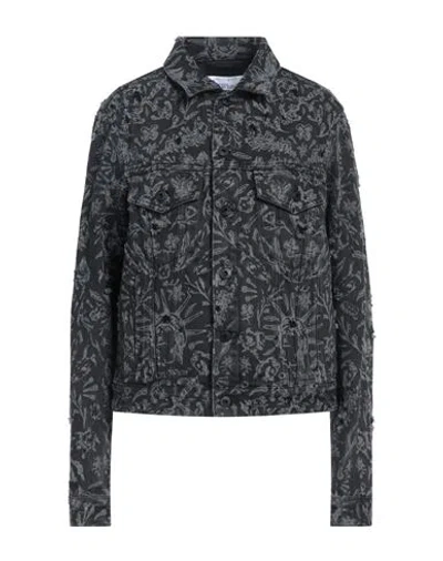 Off-white Distressed Denim Jacket With Tattoo Motif In Black