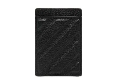 Pre-owned Off-white Women's Offwhite Diagstripe Leather Card Holder In Black