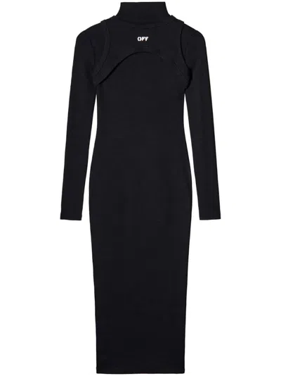 Pre-owned Off-white Women's Offwhite Ribbed Turtleneck Midi Dress In Black