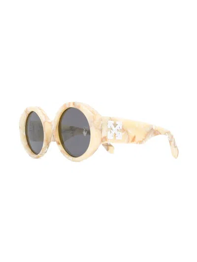 Pre-owned Off-white Women's Offwhite Sara Round Frame Sunglasses In Yellow Marble/white (owri022f20pla0011800)